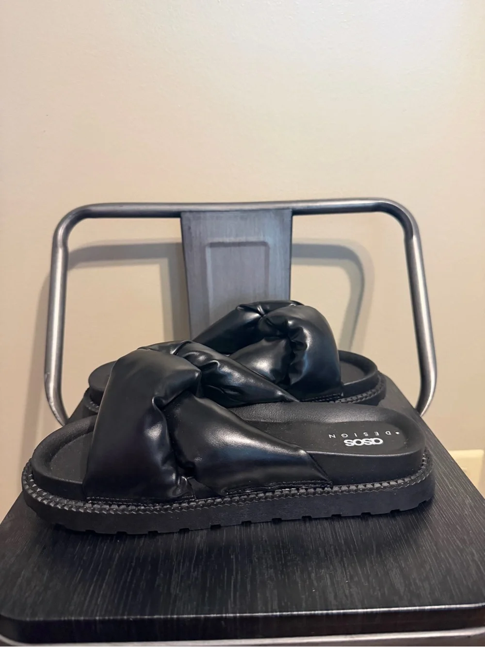 ASOS Design Puffy Knot Slide Sandals Black Faux Leather EU 38 US 7